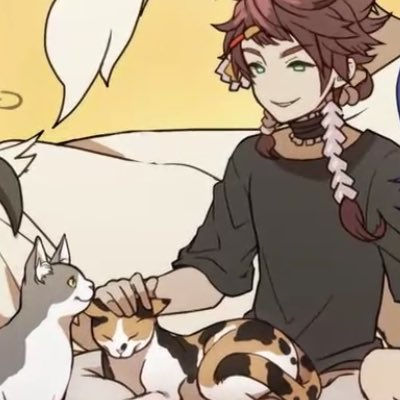 Loki, from Granblue Fantasy, is pictured petting a calico cat.